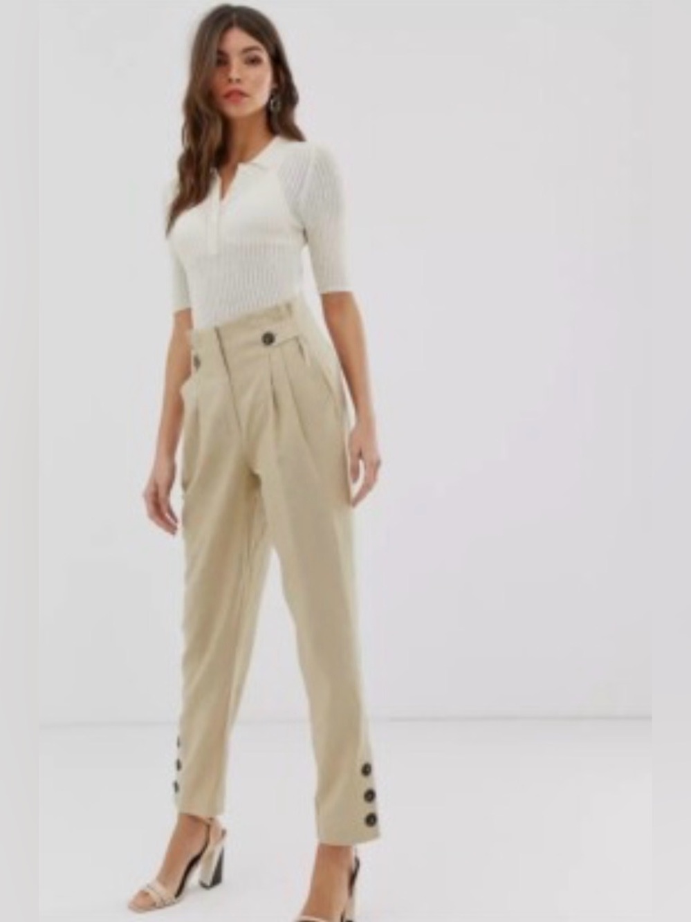 Women’s Beige Linen-Blend Pleated Pants Small ASOS Y.A.S button detail peg pants